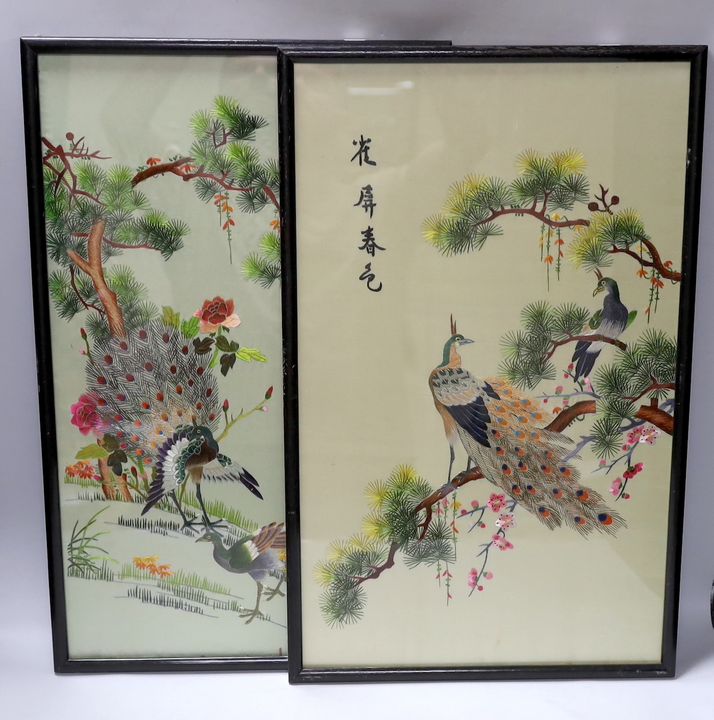 A pair of Chinese embroidered silk pictures, 55 x 34cm